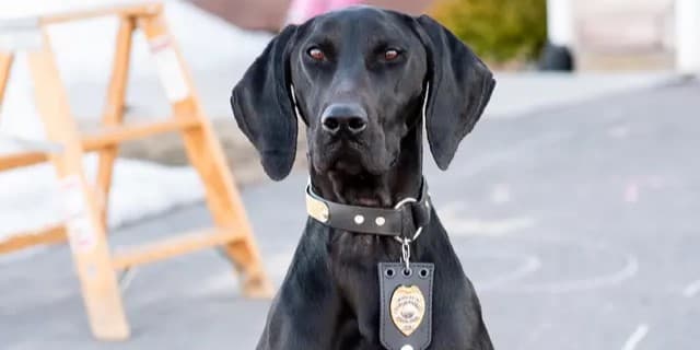 K-9 Bia looking at the camera with a police badge around her neck