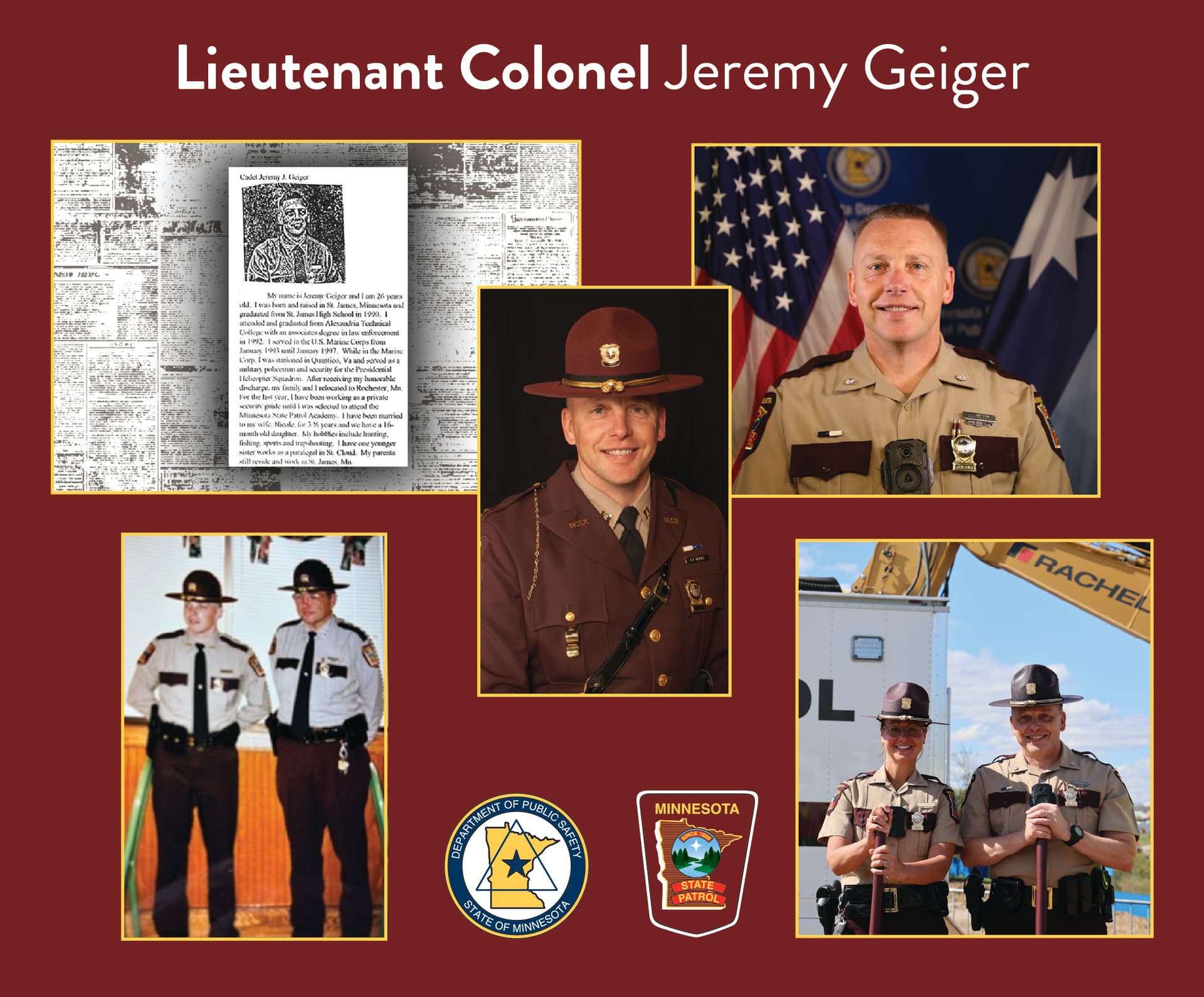 A collage featuring photos of Jeremy Geiger wearing his State Patrol uniform at various stages throughout his career.